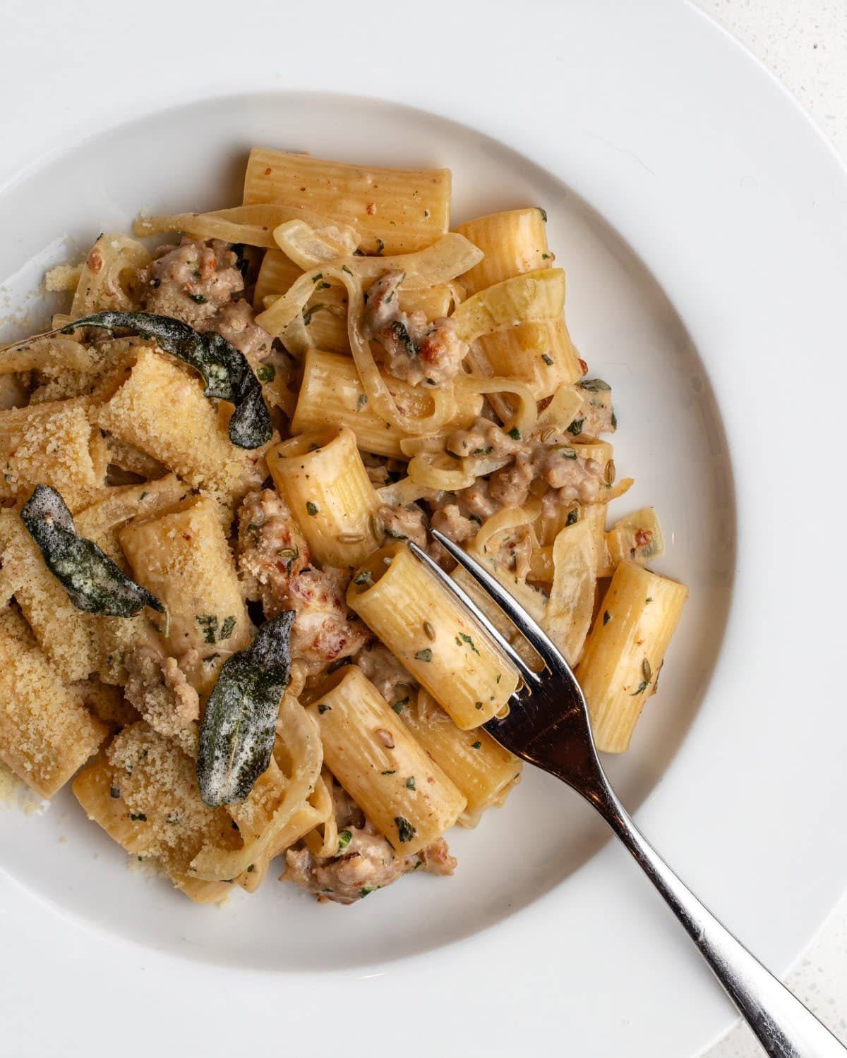 Rigatoni with sausage and crispy sage
