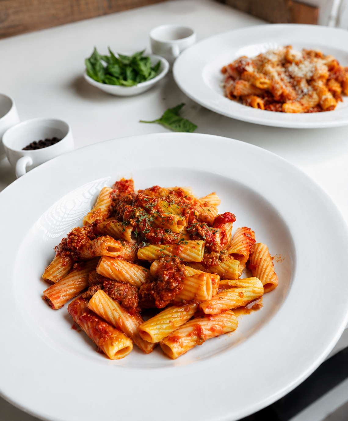 Spaghetti with slow-simmered tomato sauce and parmesan