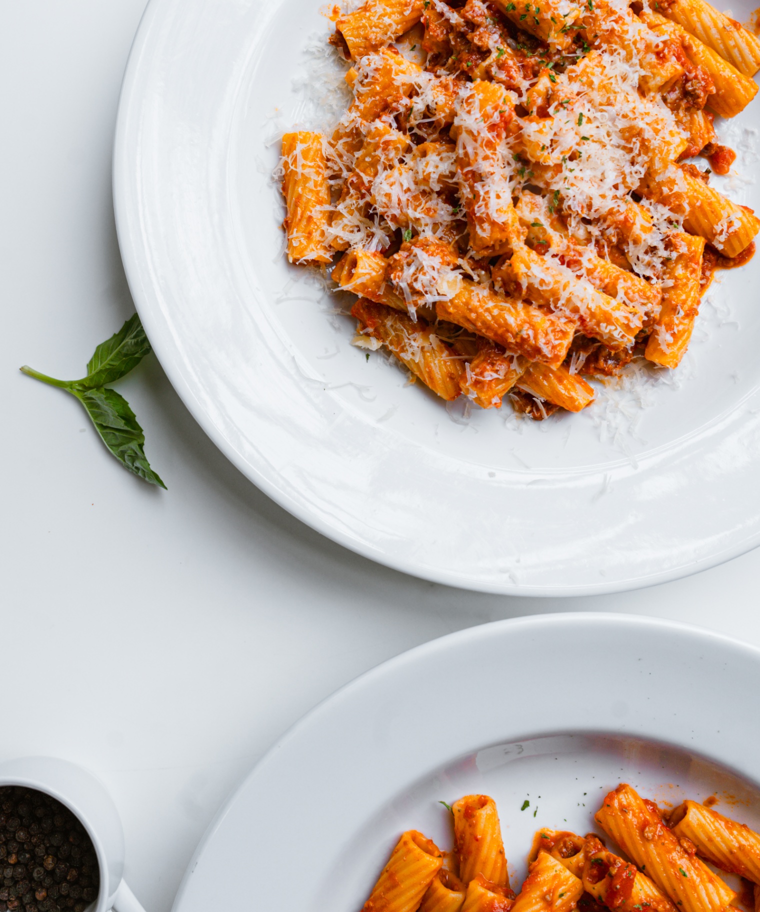 Rigatoni bolognese with fresh parmesan and basil